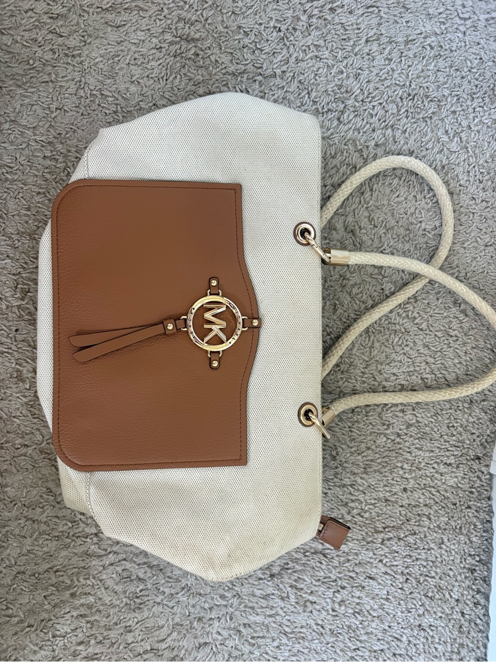 Michael Kors Cream Canvas Tote with Brown Leather Trim